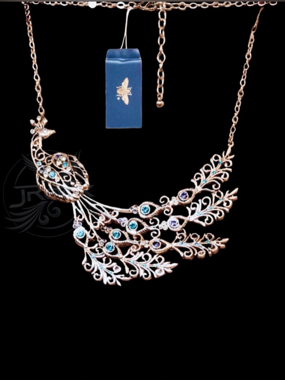 Peacock Bib Statement Necklace - Blues & Silver tone. Fun, charming, stylish